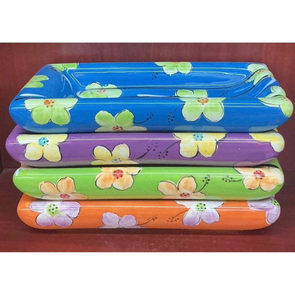 C.A. Hand Painted Ceramic Dish Set of 4 Floral Raised Ridge Trays Multi Color